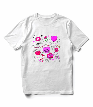Camiseta Doodles Love Pink DTF: San Valentín Moderno