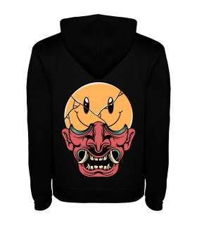 Sudadera Hombre Oni DTF: Máscara Japonesa, Smiley Roto, Streetwear, Grunge