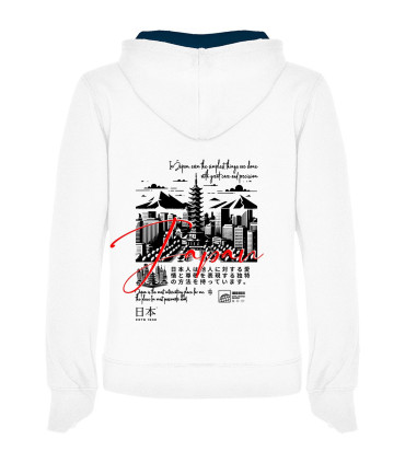 Sudadera DTF Japón: Cityscape, Caligrafía Roja, Monte Fuji, Streetwear Minimalista