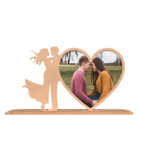 Marco de fotos corazón de madera con silueta de pareja | Regalo romántico